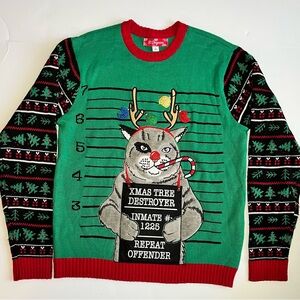 Novelty Fair isle Sweater Cat Inmate Ugly Christmas Sweater Mens or Unisex M